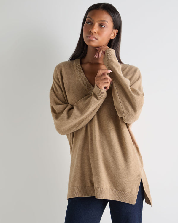 N.Peal Women's Longline V Neck Cashmere Jumper Cappuccino Brown
