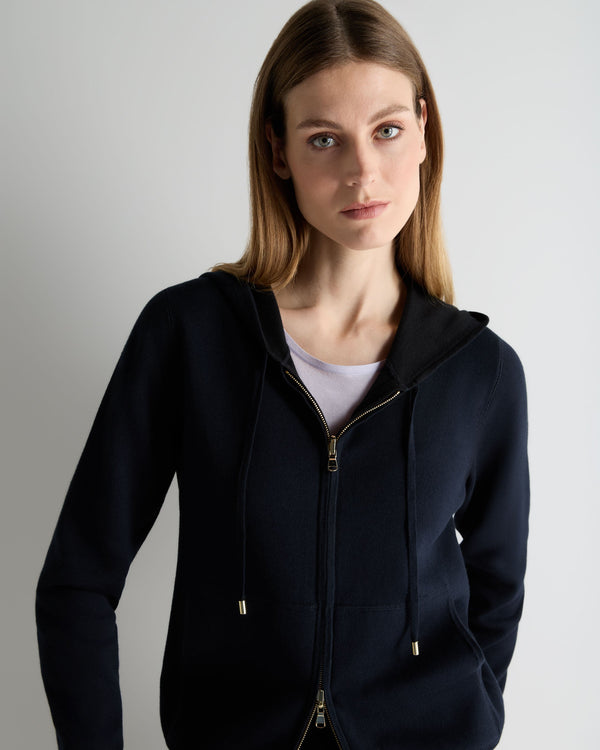 N.Peal Women's Double Faced Cotton Blend Hoodie Navy Blue