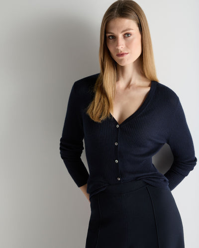 N.Peal Women's Superfine Cashmere Ribbed V Cardigan Navy Blue