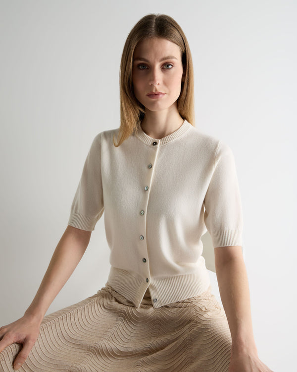 N.Peal Women's Short Sleeve Cashmere Cardigan New Ivory White