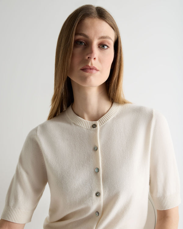 N.Peal Women's Short Sleeve Cashmere Cardigan New Ivory White