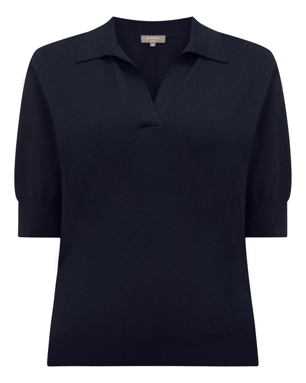 N.Peal Women's Cotton Blend Polo Top Navy Blue