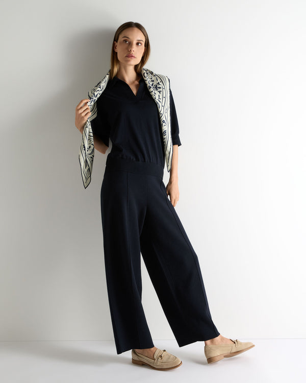 N.Peal Women's Cotton Blend Polo Top Navy Blue