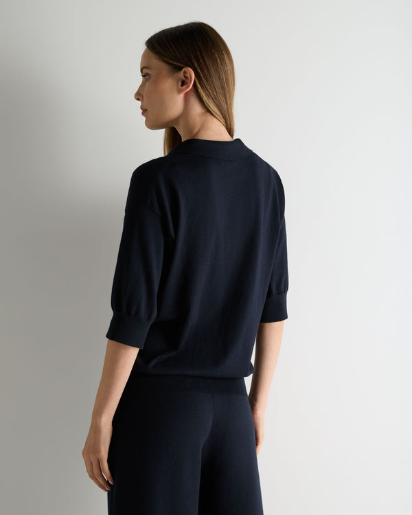 N.Peal Women's Cotton Blend Polo Top Navy Blue