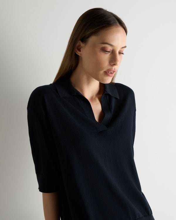 N.Peal Women's Cotton Blend Polo Top Navy Blue