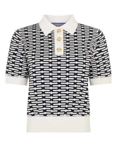 N.Peal Women's Harlow Jacquard Cotton Cashmere Polo Navy Blue