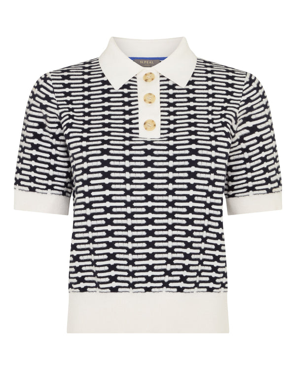 N.Peal Women's Harlow Jacquard Cotton Cashmere Polo Navy Blue