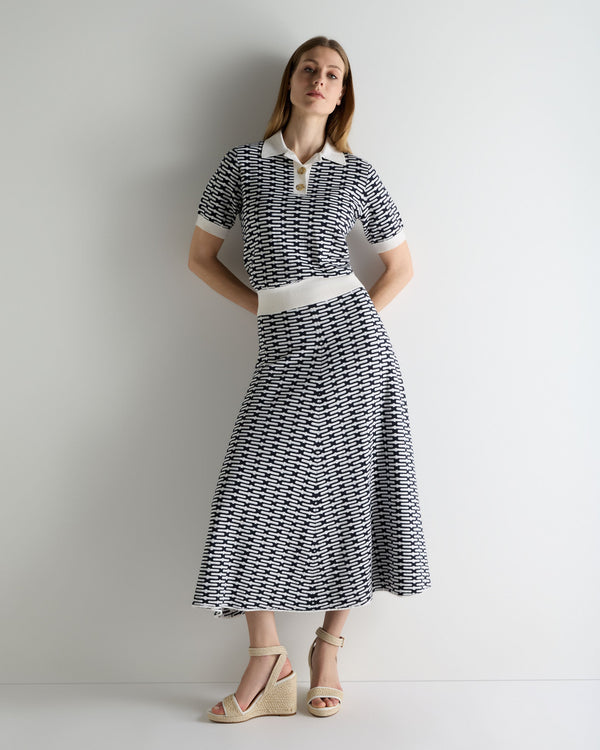 N.Peal Women's Harlow Jacquard Cotton Cashmere Polo Navy Blue