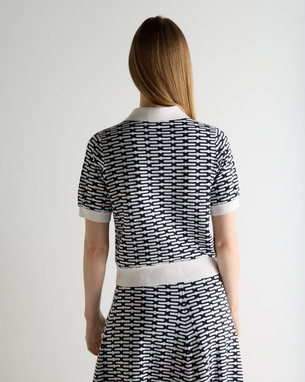 N.Peal Women's Harlow Jacquard Cotton Cashmere Polo Navy Blue