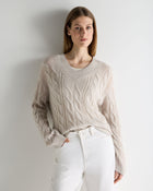 Women's Open Cable V Neck Cashmere Sweater Pebble Grey
