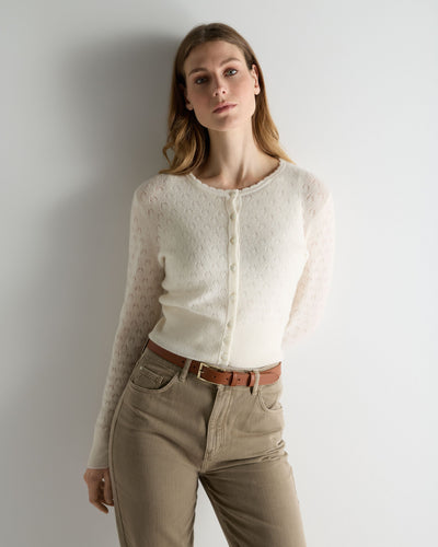 N.Peal Women's Ivy Lace Stitch Cashmere Cardigan New Ivory White Sparkle