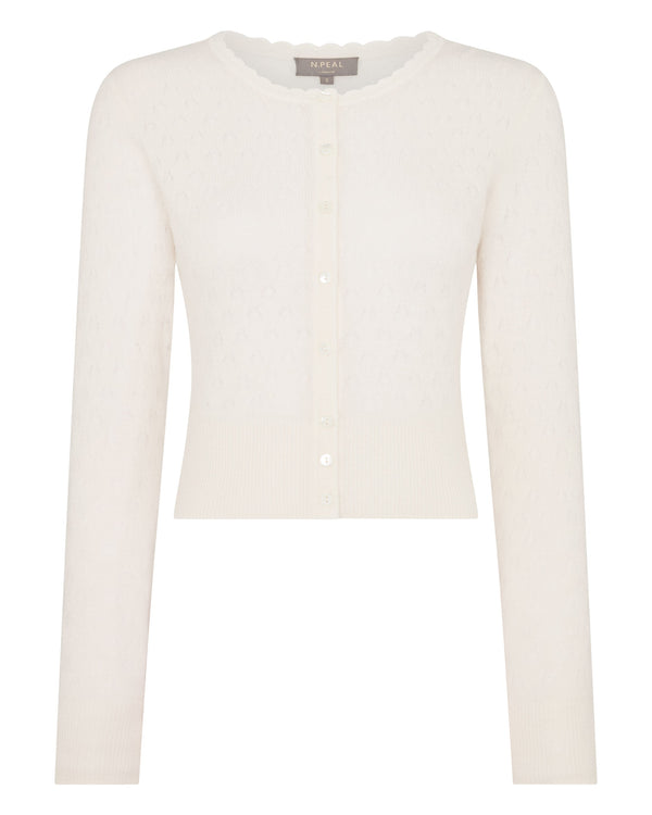 N.Peal Women's Ivy Lace Stitch Cashmere Cardigan New Ivory White Sparkle