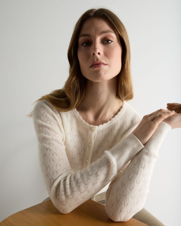 N.Peal Women's Ivy Lace Stitch Cashmere Cardigan New Ivory White Sparkle