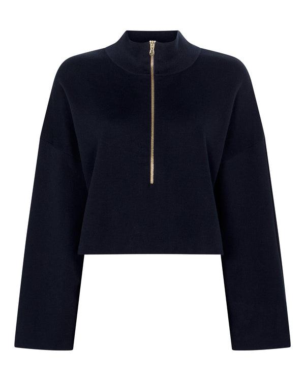 N.Peal Women's Half Zip Cotton Blend Sweatshirt Navy Blue