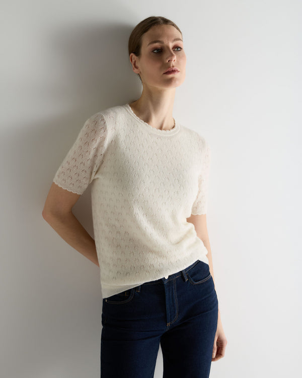 N.Peal Women's Lace Stitch Cashmere T-Shirt New Ivory White Sparkle