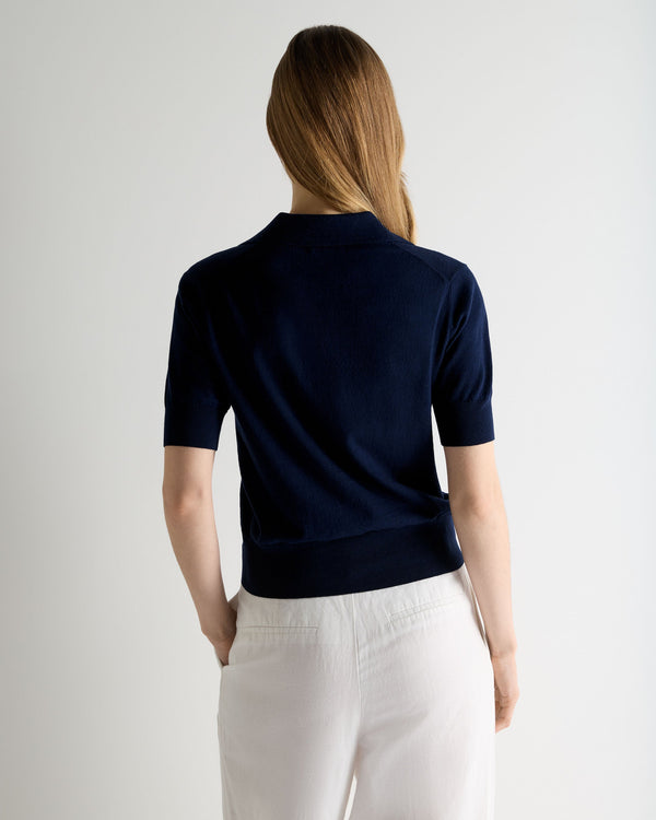 N.Peal Women's Selene Linen Blend Polo Deep French Blue