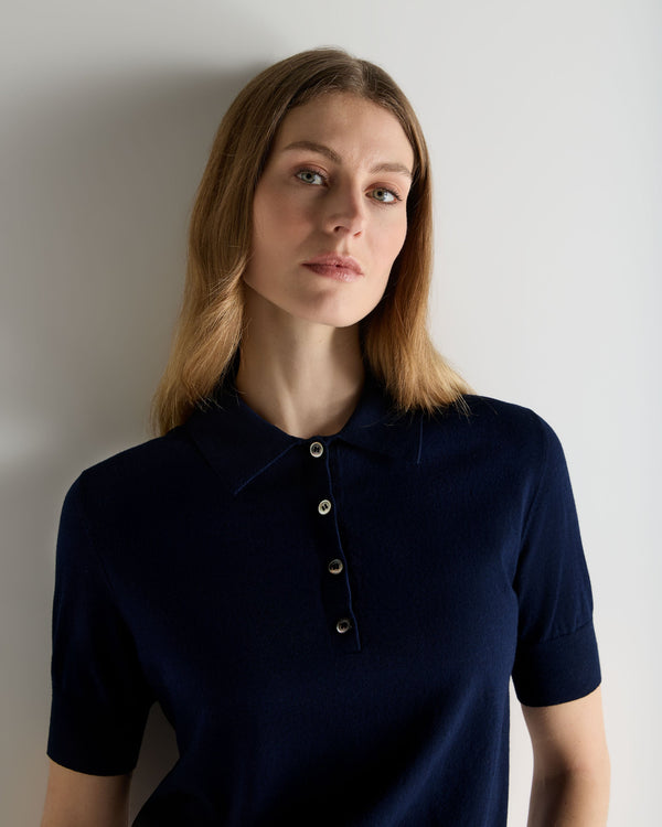 N.Peal Women's Selene Linen Blend Polo Deep French Blue