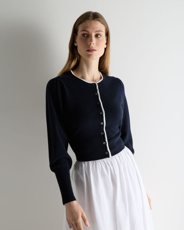 N.Peal Women's Lace Trim Cashmere Cardigan Navy Blue