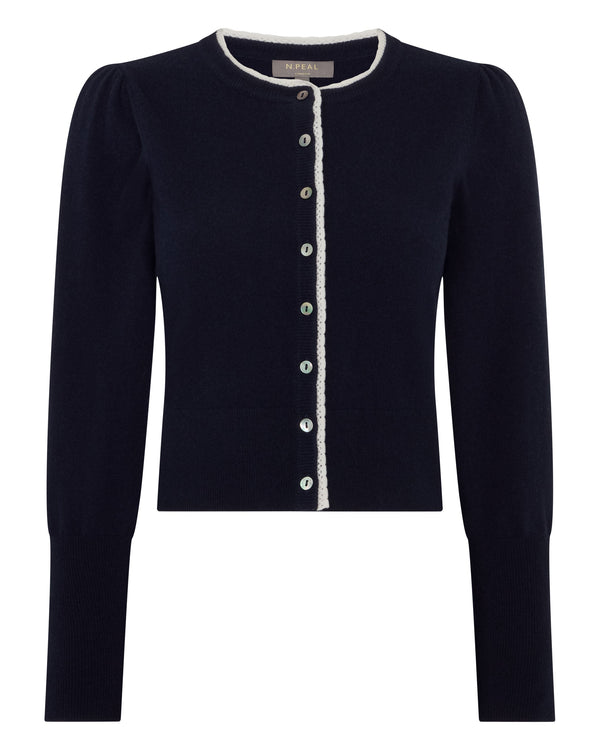 N.Peal Women's Lace Trim Cashmere Cardigan Navy Blue
