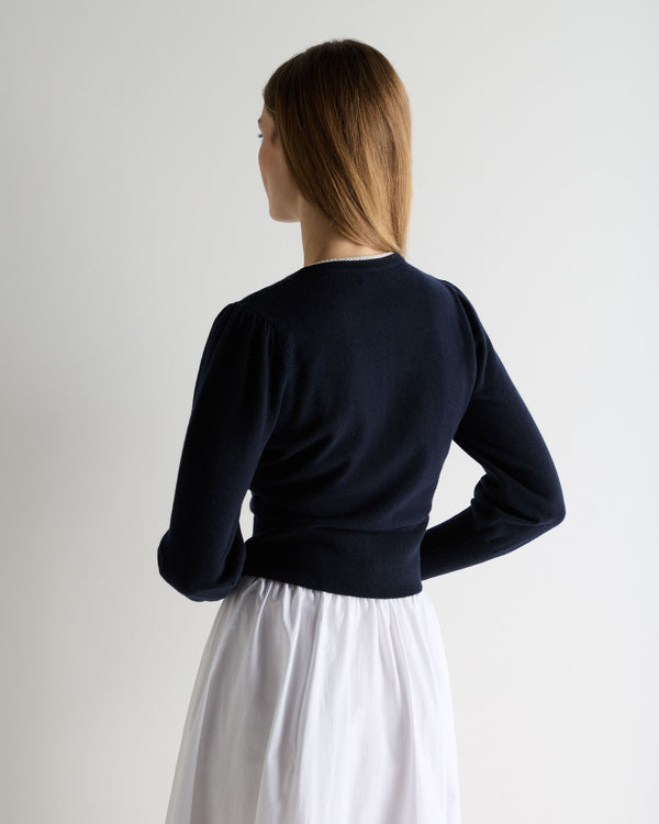 N.Peal Women's Lace Trim Cashmere Cardigan Navy Blue