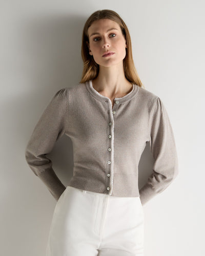 N.Peal Women's Lace Trim Cashmere Cardigan Oat Grey