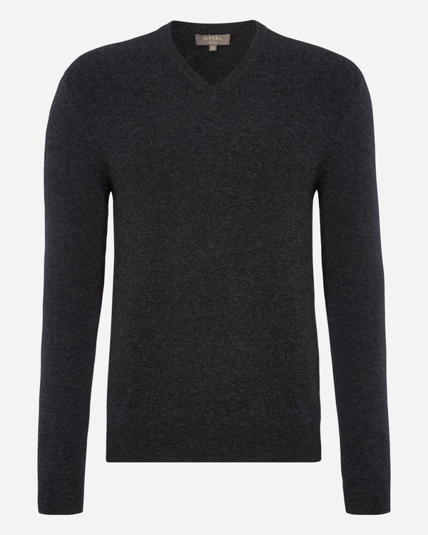 N.Peal Men's Burlington V Neck Cashmere Jumper Dark Charcoal Grey