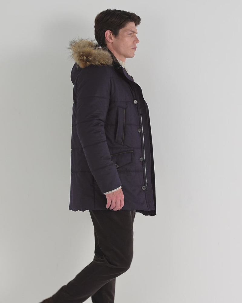 N.Peal Men's Fur Trim Coat Navy Blue