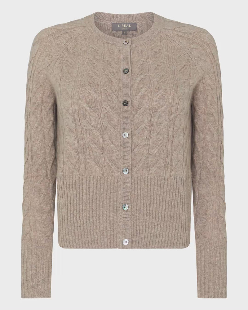 N.Peal Women's Myla Cable Cashmere Cardigan Oatmeal Brown