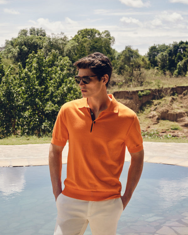 N.Peal Men's Short Sleeve Collared Cotton Cashmere Polo T Shirt Tangerine Orange