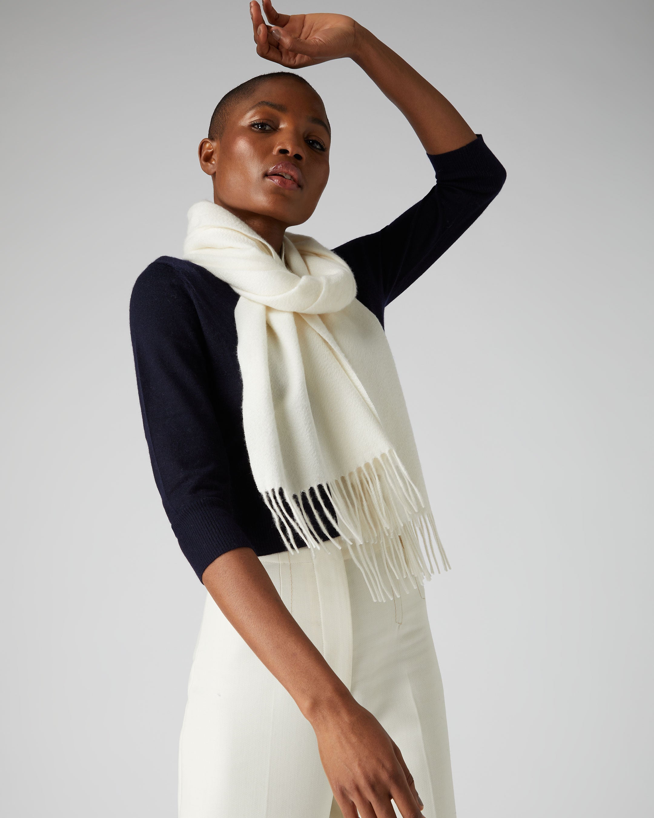 N.Peal fringed cashmere scarf - White