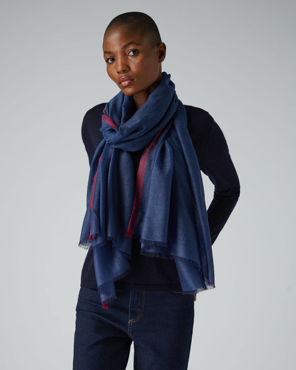 N.Peal Women's Tipped Cashmere Pashmina Navy Blue