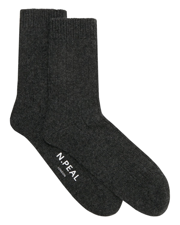 N.Peal Men's Rib Cashmere House Socks Dark Charcoal Grey