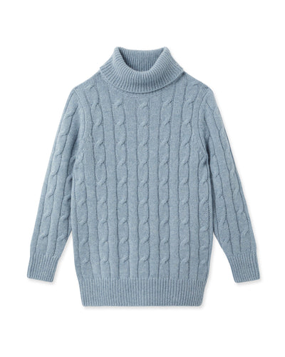 N.Peal Boys Cable Turtle Neck Cashmere Sweater Heather Blue