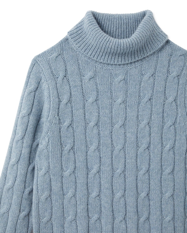 N.Peal Boys Cable Turtle Neck Cashmere Sweater Heather Blue