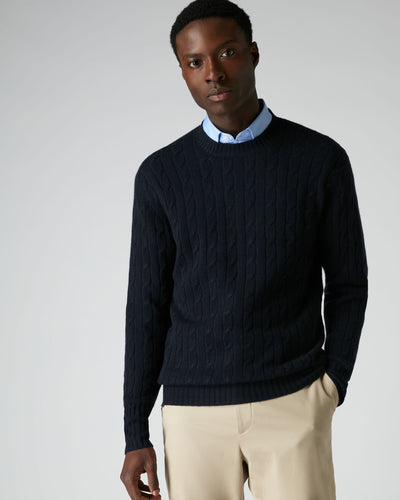 N.Peal Men's The Thames Cable Cashmere Sweater Navy Blue