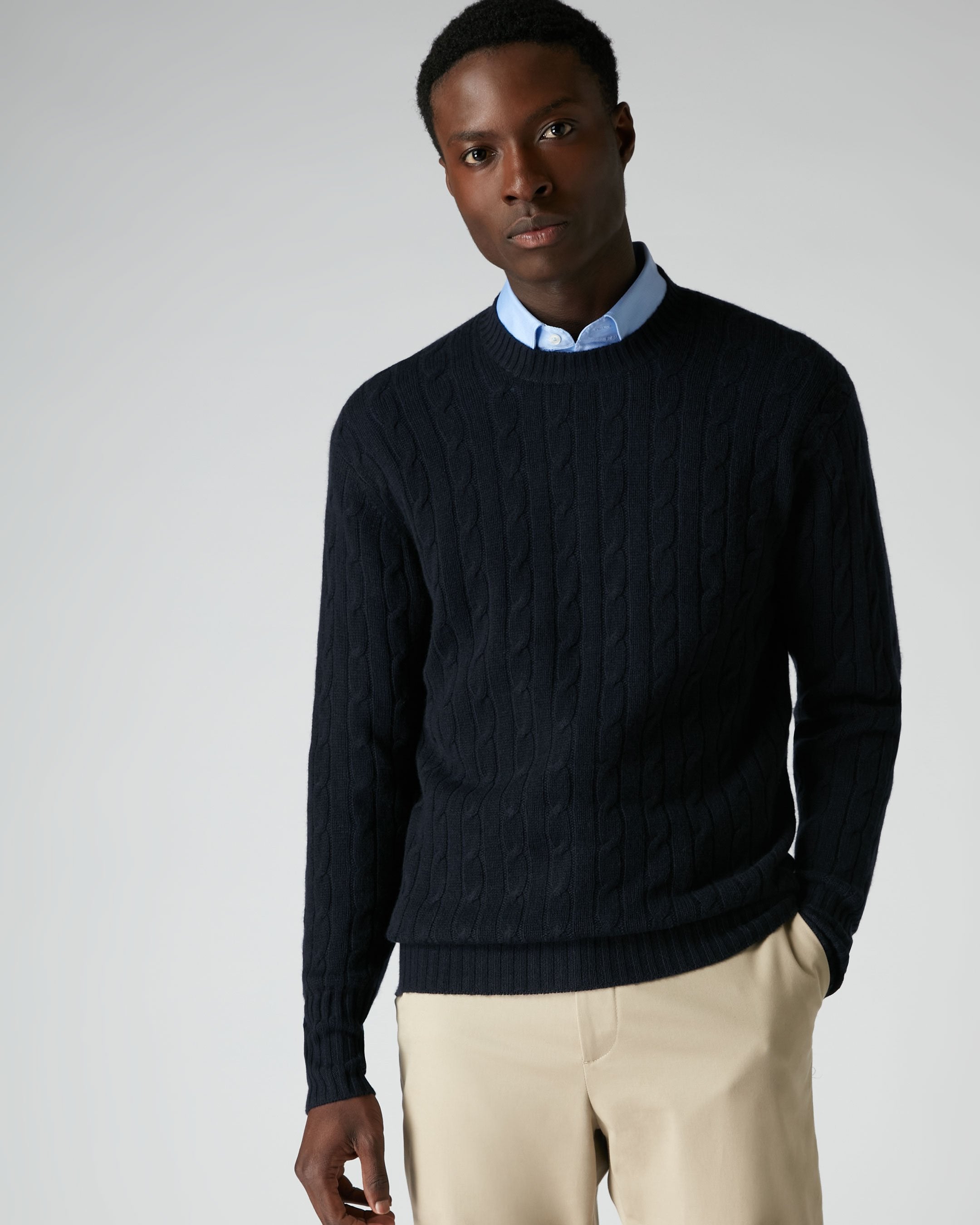 007 Cable Crew Neck Sweater Navy Blue | N.Peal