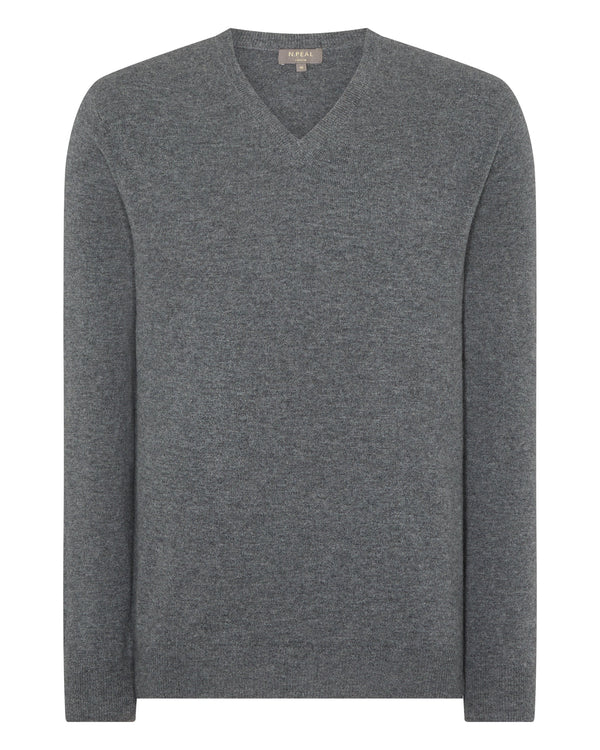 N.Peal Men's The Burlington V Neck Cashmere Sweater Elephant Grey