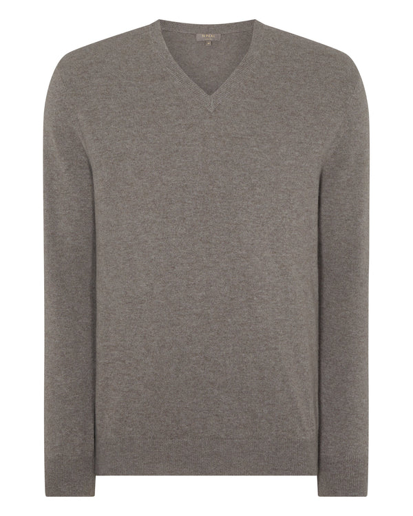 N.Peal Men's The Burlington V Neck Cashmere Sweater Taupe Brown