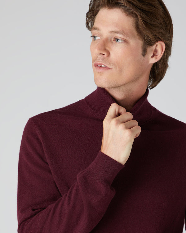 N.Peal Men's The Trafalgar Polo Neck Cashmere Sweater Mulled Wine Red