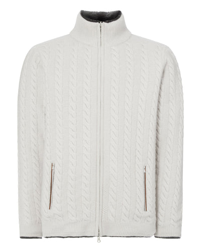 N.Peal Men's Fur Lined Cable Cardigan Snow Grey