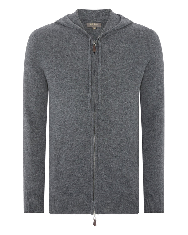 N.Peal Men's Hooded Zipped Cashmere Top Elephant Grey