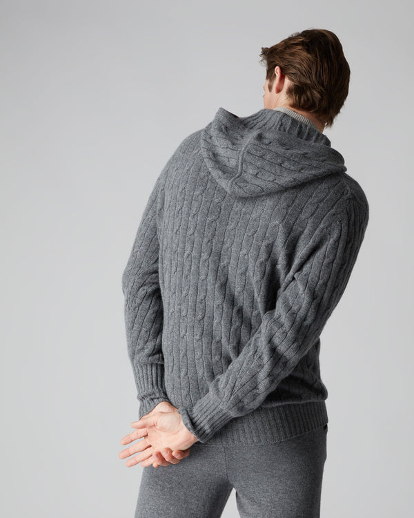 N.Peal Men's Cable Cashmere Hoodie Elephant Grey + Fumo Grey