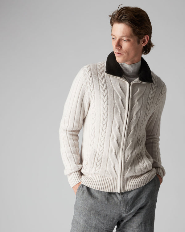 N.Peal Men's Cable Zip Through Jacket Snow Grey