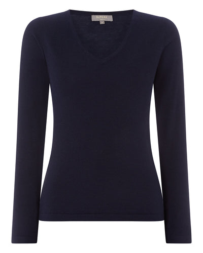 N.Peal Women's Superfine V Neck Cashmere Sweater Navy Blue
