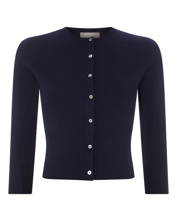 N.Peal Women's Superfine Cropped Cashmere Cardigan Navy Blue