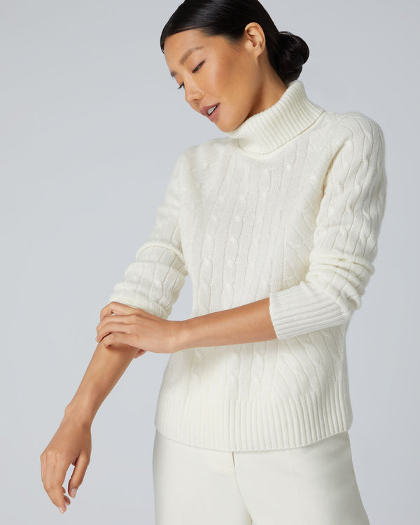 N.Peal Women's Cable Turtle Neck Cashmere Sweater New Ivory White