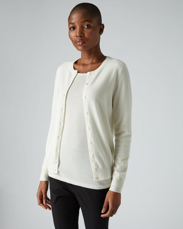 N.Peal Women's Round Neck Cashmere Cardigan New Ivory White