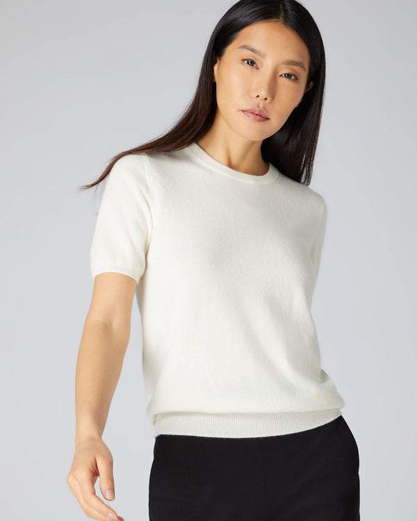 N.Peal Women's Round Neck Cashmere T Shirt New Ivory White