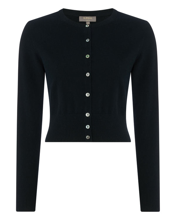 N.Peal Women's Long Sleeve Cropped Cashmere Cardigan Black