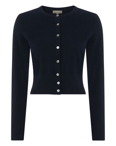 N.Peal Women's Long Sleeve Cropped Cashmere Cardigan Navy Blue